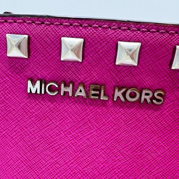 Michael Kors Selma Studded Saffiano Messenger Crossbody Bag Hot Pink/Silver - Picture 2 of 14